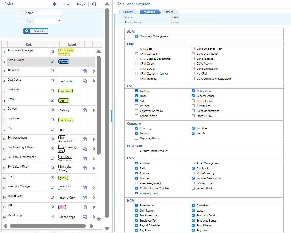 Assign the required modules to this specific role